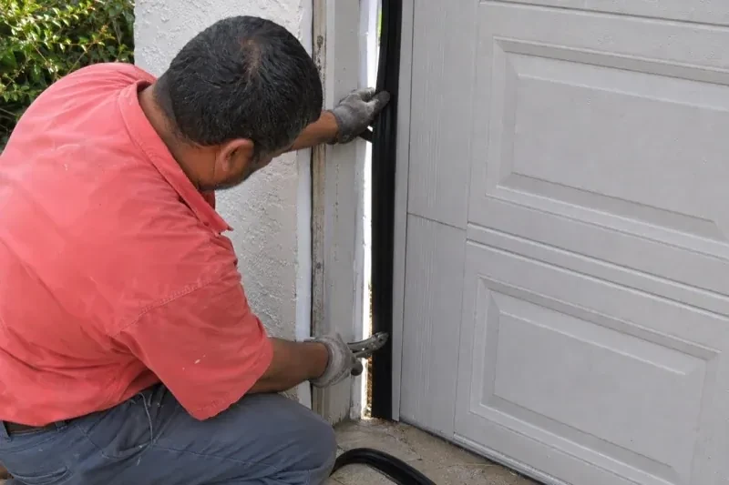 Gloved person holding a black strip along the side of a sectional garage-door opening — Garage Door Perimeter Weatherstrip, Brampton