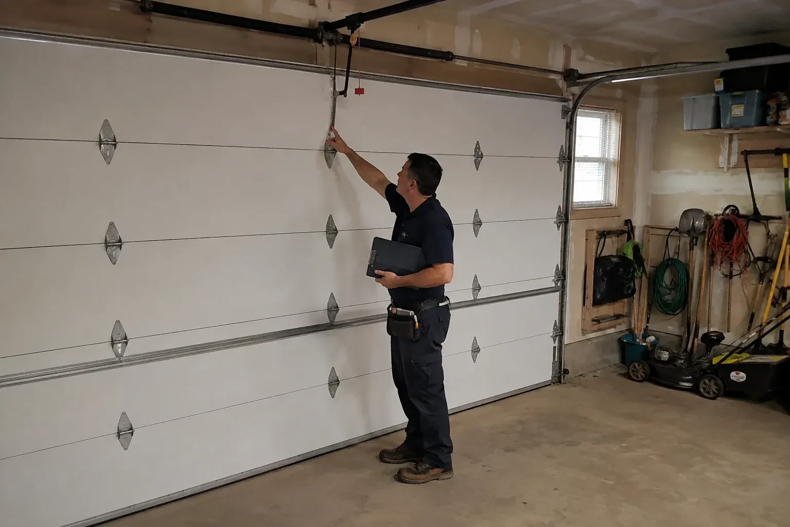 A person holding a clipboard examines the interior hardware of a closed garage door. — Garage Door Tune-Up, Brampton