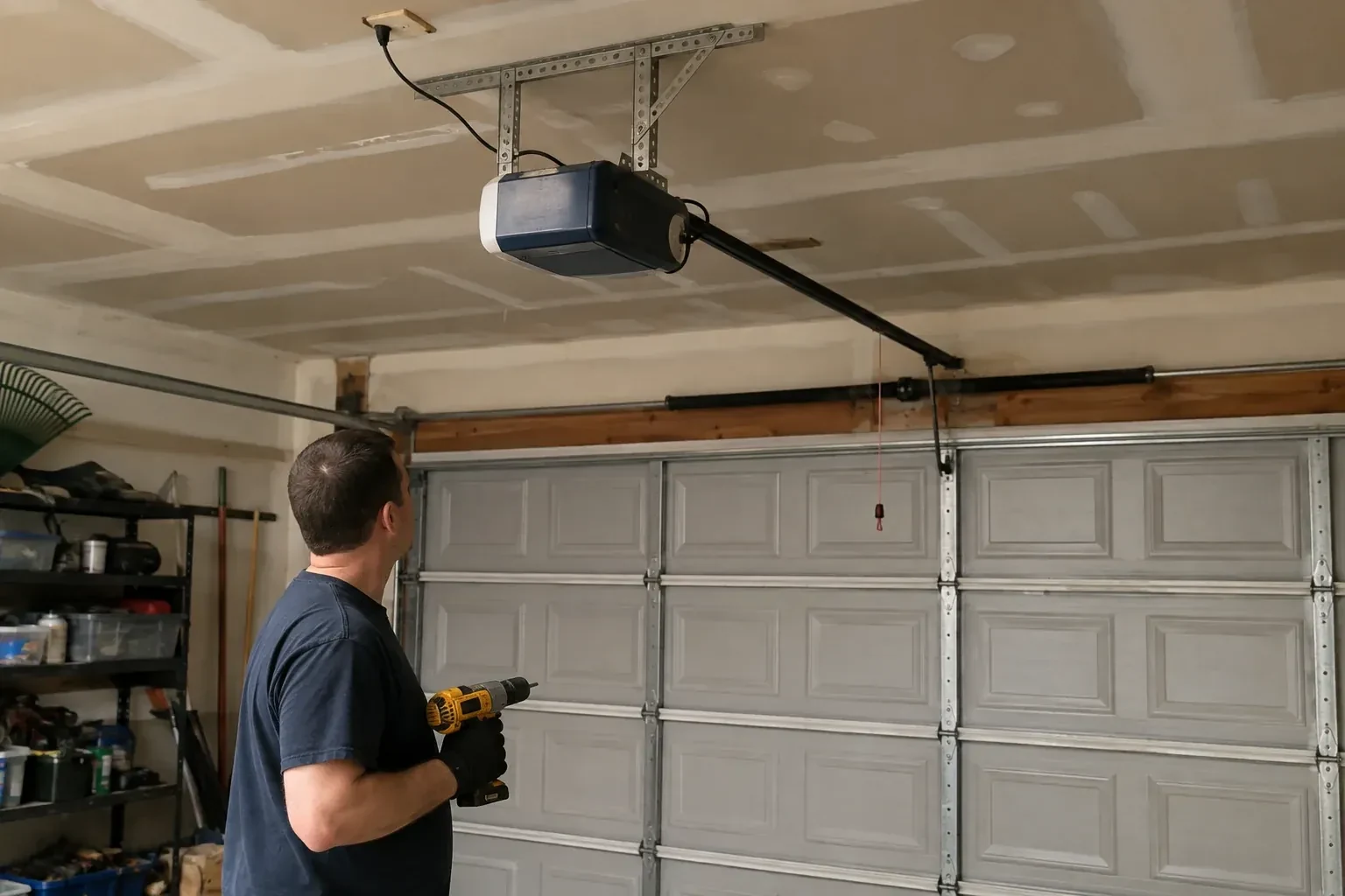 Person holding a yellow drill and looking up at a blue and white opener above a gray paneled garage door. — Chain-Drive Opener Repair, Brampton
