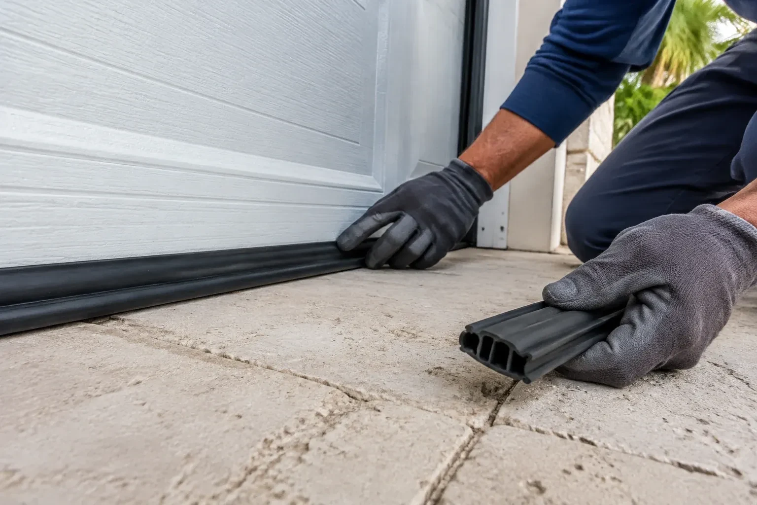 Gloved hands setting a black rubber seal along the base of a white garage door, holding a ribbed strip over paving stones. — Garage Door Bottom Seal Replacement, Brampton