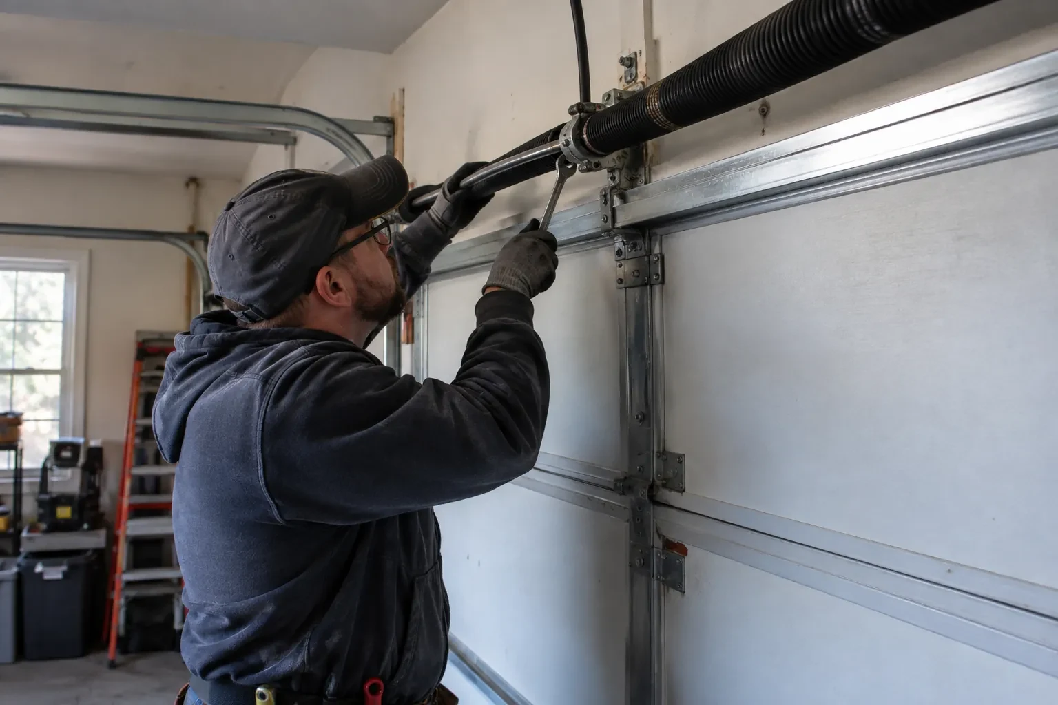 Technician in a gray cap holding a metal bar to the black spring with one hand and a wrench in the other.