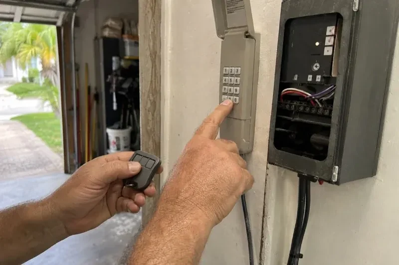 Hands holding a small remote and pressing a wall-mounted keypad beside an open control box with visible wiring. — Garage Door Remote and Keypad Programming, Brampton