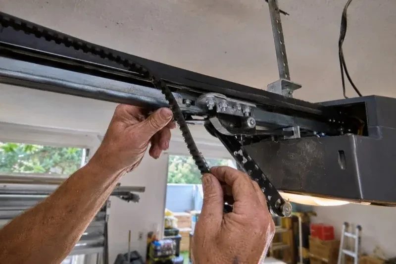 Hands holding a loose toothed belt beside the rail and trolley of an overhead garage-door opener. — Belt-Drive Opener Repair, Brampton