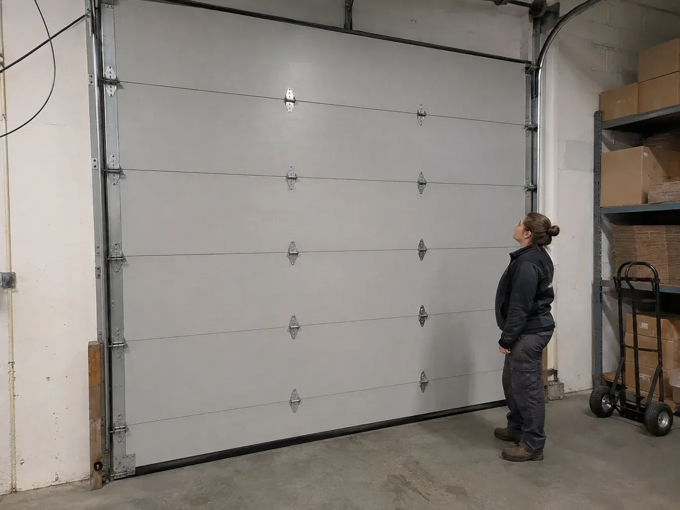 A person looks at a tall closed sectional door with broad panels, hinges and side tracks in a warehouse. — Commercial Sectional Door Repair, Brampton