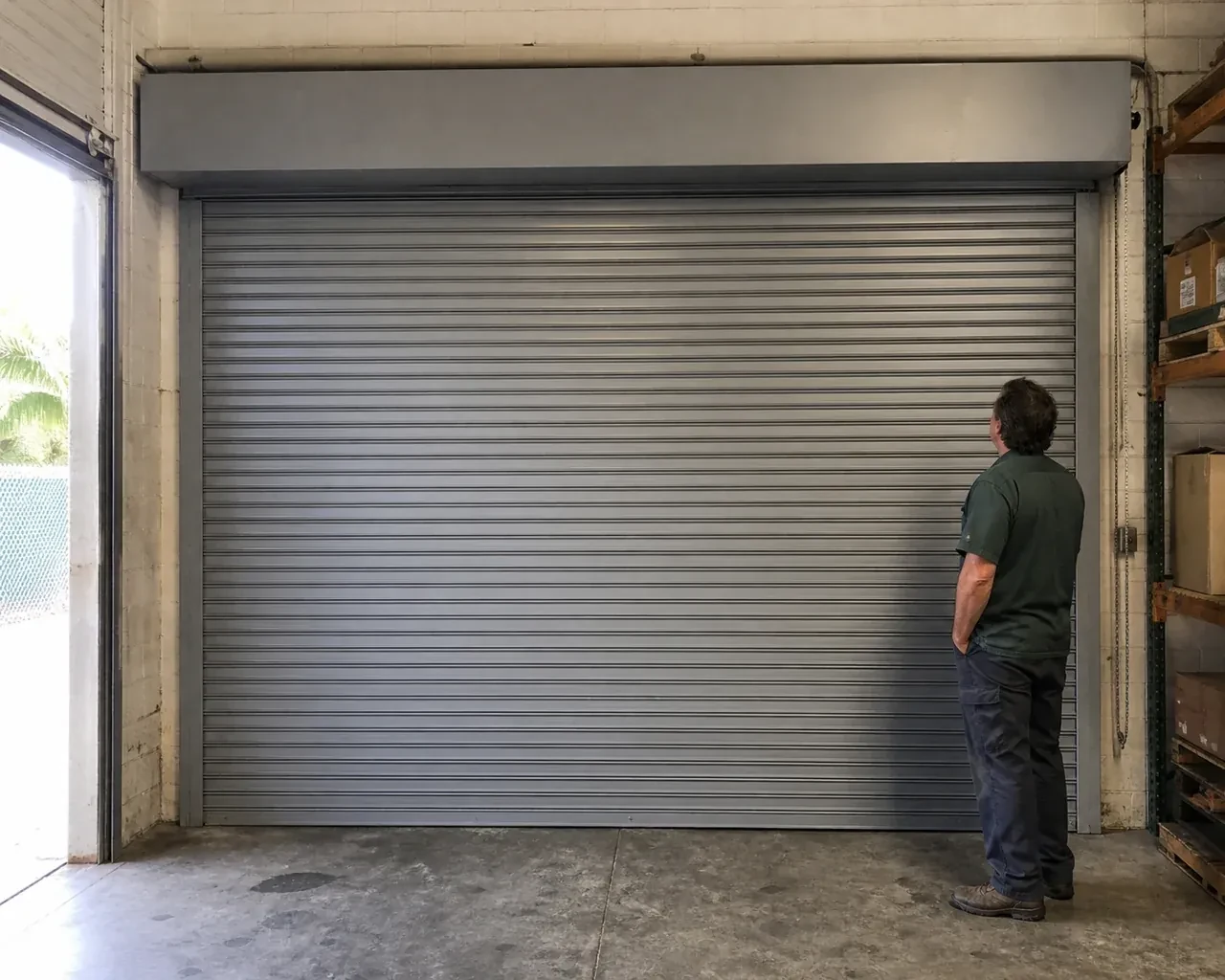 A person examines a closed metal rolling door with narrow horizontal slats, side guides and an overhead hood in a warehouse. — Commercial Rolling Door Repair, Brampton