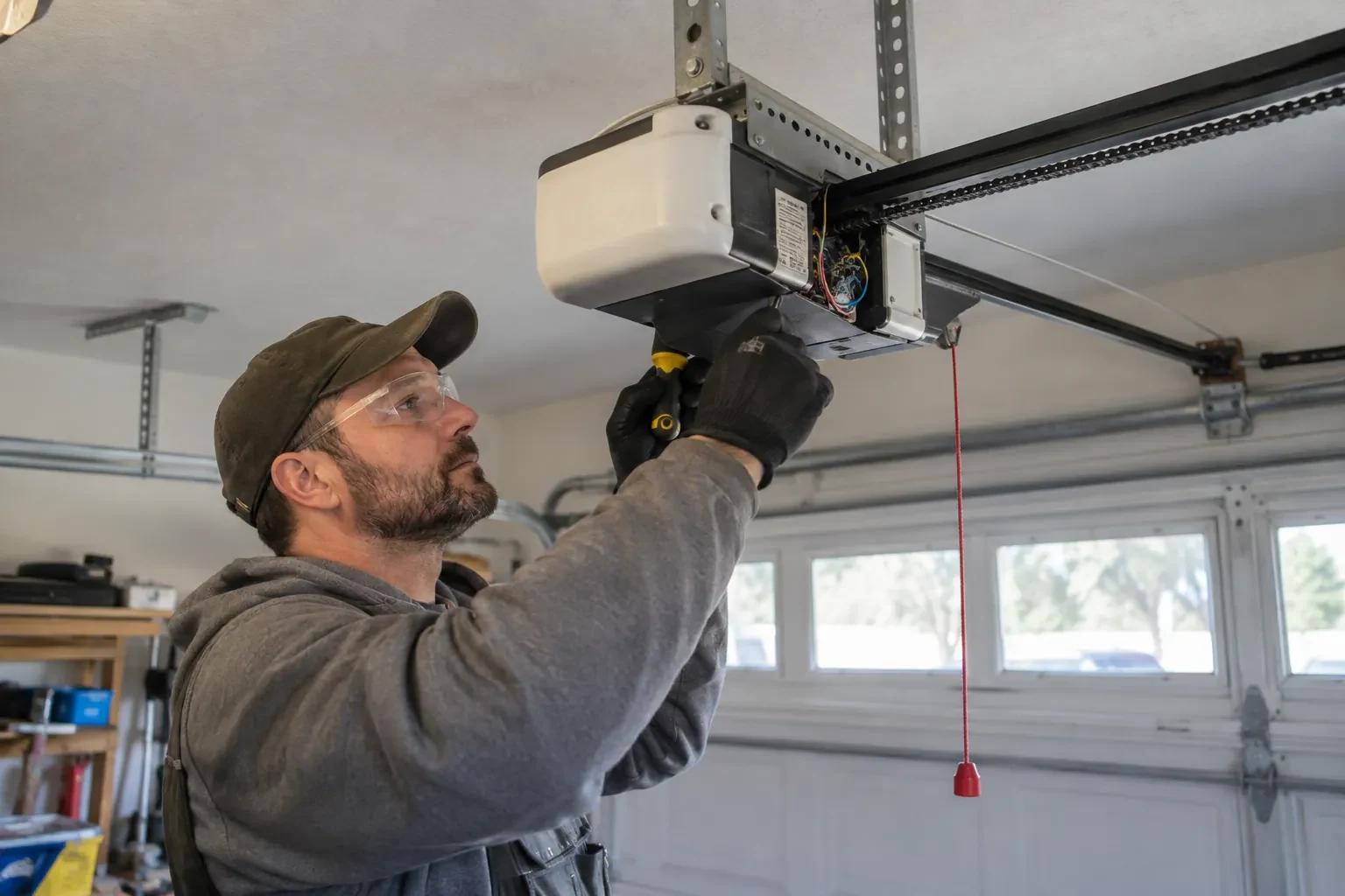 Technician in an olive cap pointing a yellow-handled screwdriver at the wiring of a ceiling opener above a windowed door.