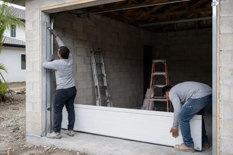 Two people positioning a white garage-door panel and side track in an unfinished masonry garage. — New-Construction Garage Door Installation, Brampton