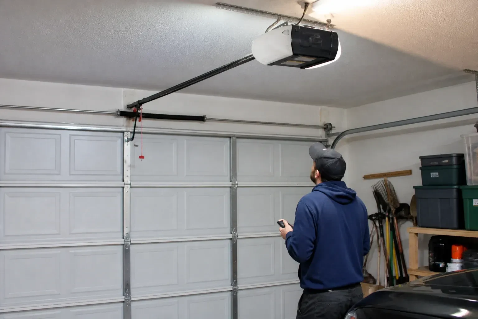 A person holding a remote looks toward an overhead garage-door opener and rail. — Garage Door Opener Diagnosis and Repair, Brampton