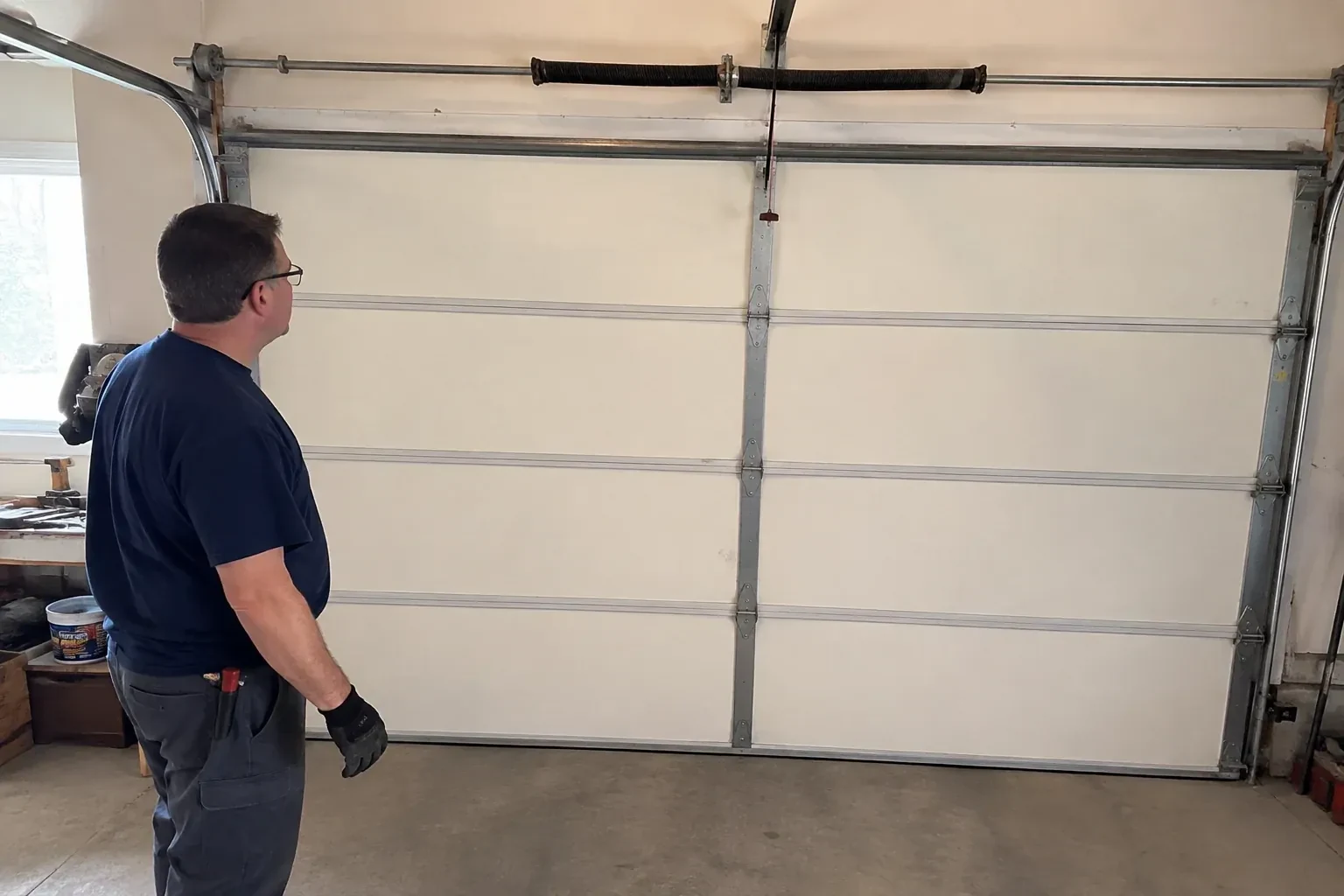 Person in a dark shirt standing before a closed cream sectional door, looking up at a coiled spring and red-tipped cord. — Off-Track Garage Door Reset, Brampton