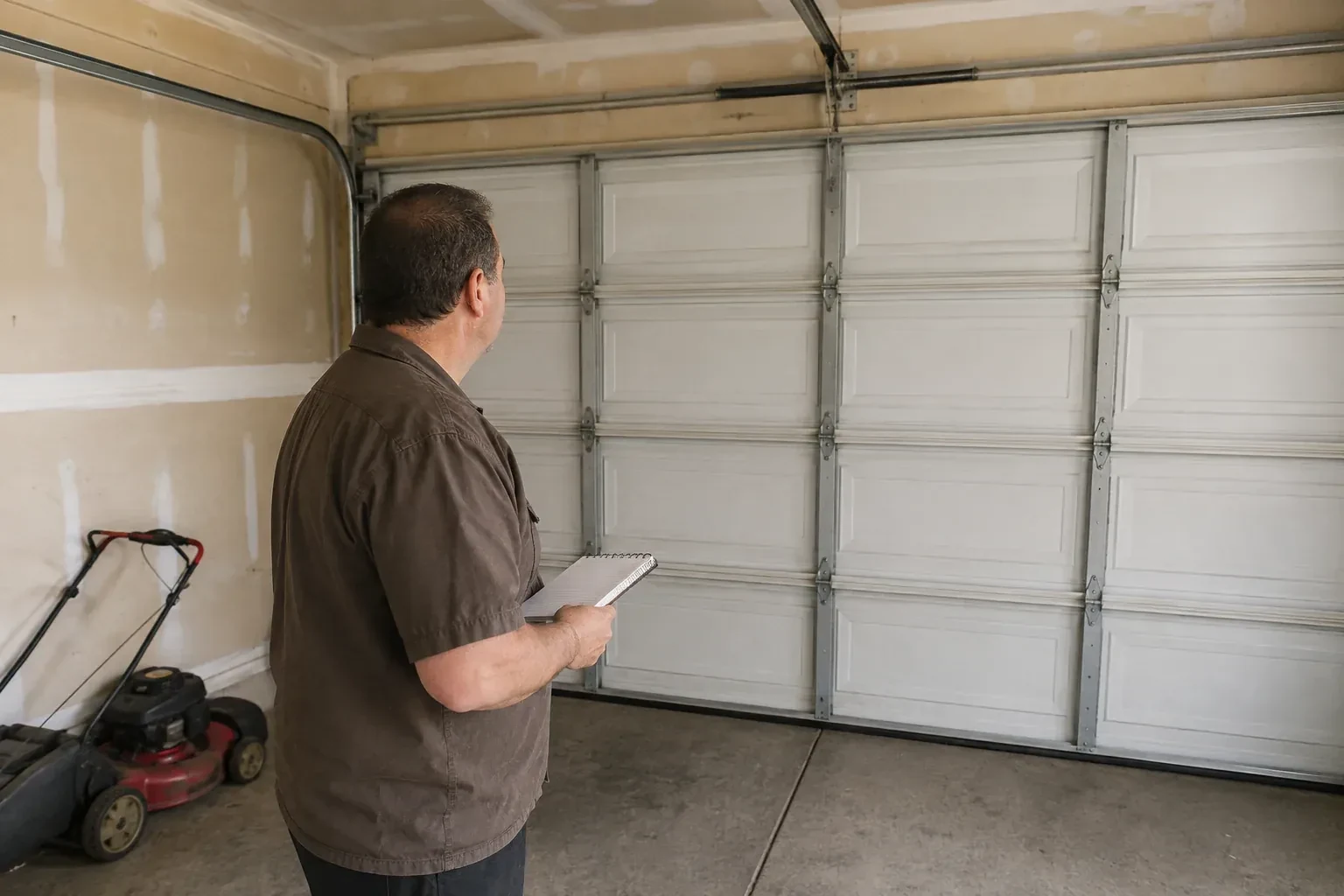 Technician holding a notebook while looking at a closed sectional door. — Garage Door Balance Adjustment, Brampton