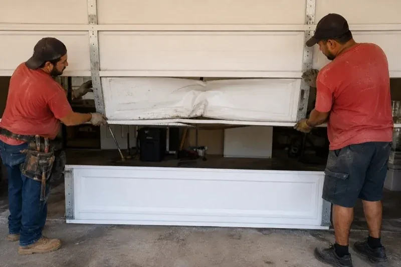 Two people holding a dented lower garage-door section above a separate white panel resting on the ground. — Garage Door Panel Replacement, Brampton