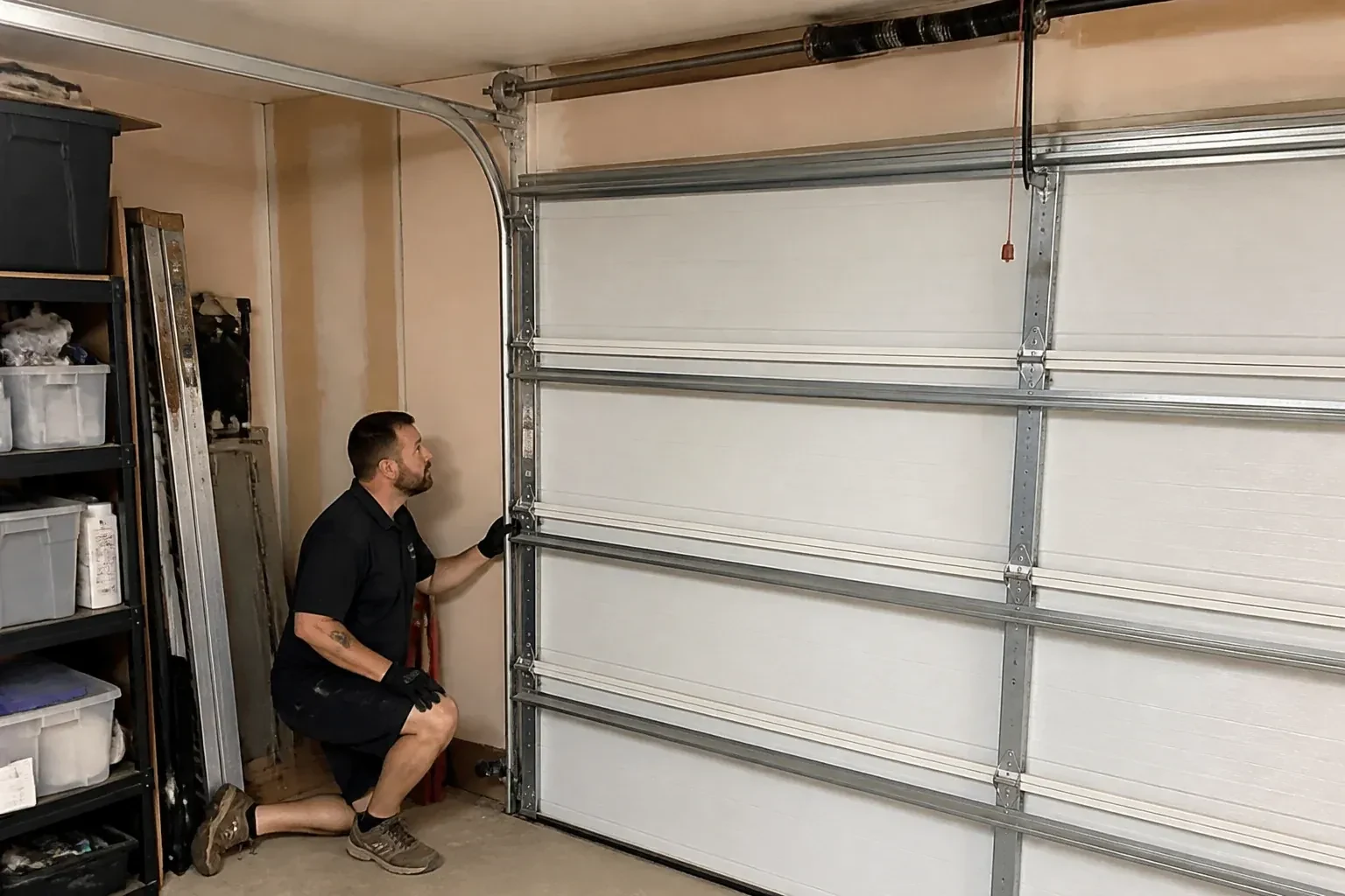A person examines the vertical side track of a closed garage door. — Garage Door Track Repair or Replacement, Brampton